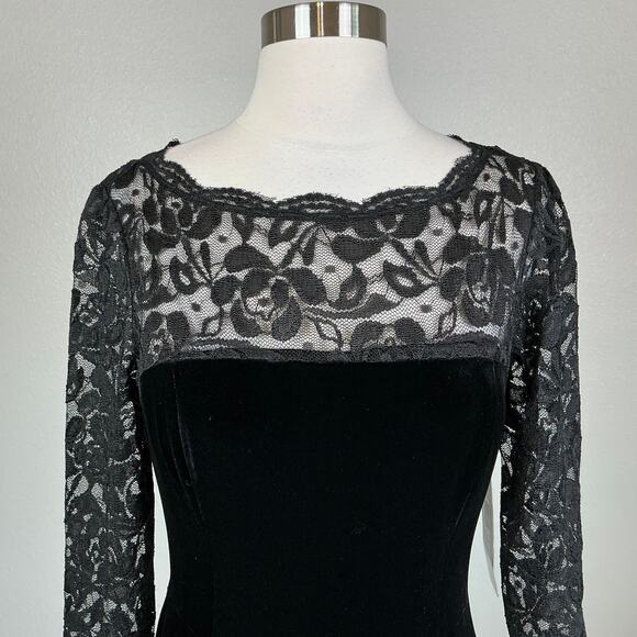 Eliza J Velvet and Lace Midi Sheath Cocktail Dress Size 6 Black 3/4 Long Sleeve - Picture 7 of 13